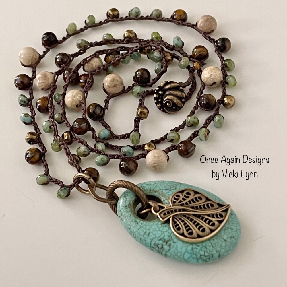 ARTISAN Necklace Stone and Glass Beaded Crocheted Chain with Stone Pendant - Picture 3 of 11